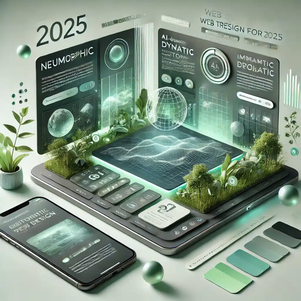 A modern and visually striking website design showcasing futuristic web design trends for 2025