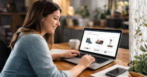 Woman shopping online using a laptop at home.