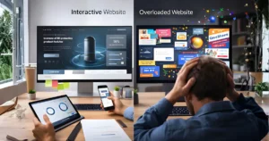 Comparison of an interactive website vs an overloaded website with pop-ups.