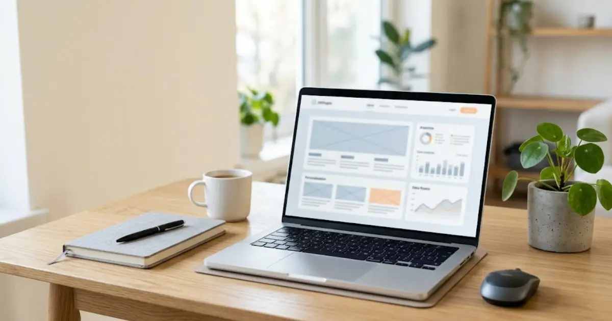 A modern laptop on a light wooden desk displaying website wireframes and analytics, alongside a grey notebook, a white coffee cup, a computer mouse, and a small potted plant.