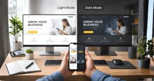 Light and dark mode versions of a business website displayed on desktop and mobile.