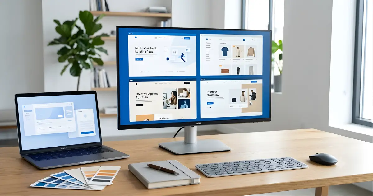 A bright, modern desk setup in an office, featuring a large central monitor displaying a grid of four website mockups with text, a laptop, a keyboard, a mouse, and color swatches on a wooden desk. A plant is in the background.