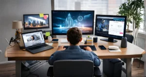 Man working at a desk with multiple monitors and design software open.