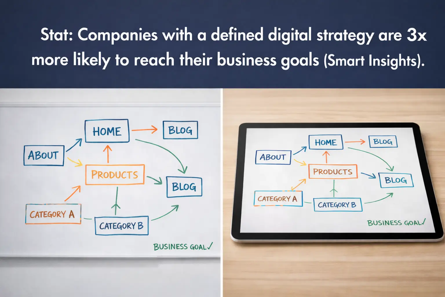 ChatGPT Image Feb 18, 2026, 03_05_00 PM Digital strategy flowchart shown on a whiteboard and tablet with statistic about companies being 3x more likely to reach business goals.