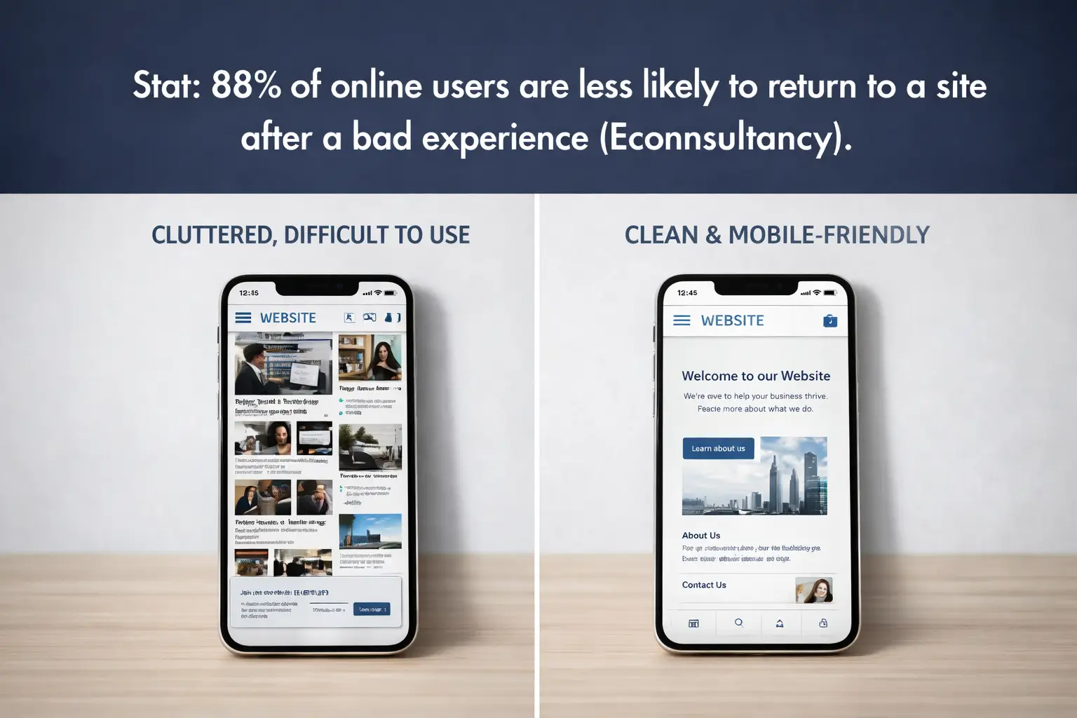 Comparison of cluttered website vs clean mobile-friendly website with statistic about 88% of users not returning after a bad experience.