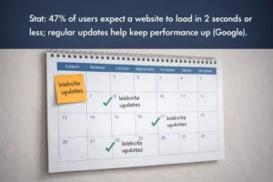 Calendar marked with website updates and statistic about users expecting websites to load in 2 seconds or less.
