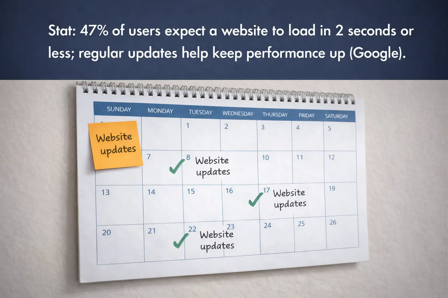 Calendar marked with website updates and statistic about users expecting websites to load in 2 seconds or less.