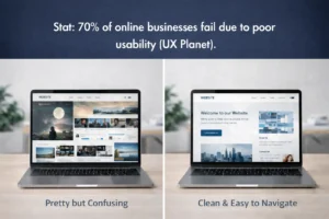 Side-by-side laptop comparison showing cluttered website vs clean, easy-to-navigate design with statistic about 70% of online businesses failing due to poor usability.
