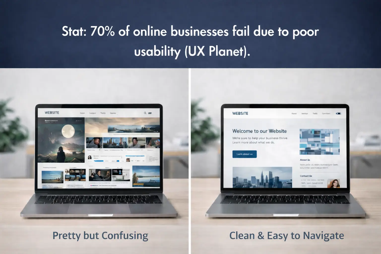 Side-by-side laptop comparison showing cluttered website vs clean, easy-to-navigate design with statistic about 70% of online businesses failing due to poor usability.