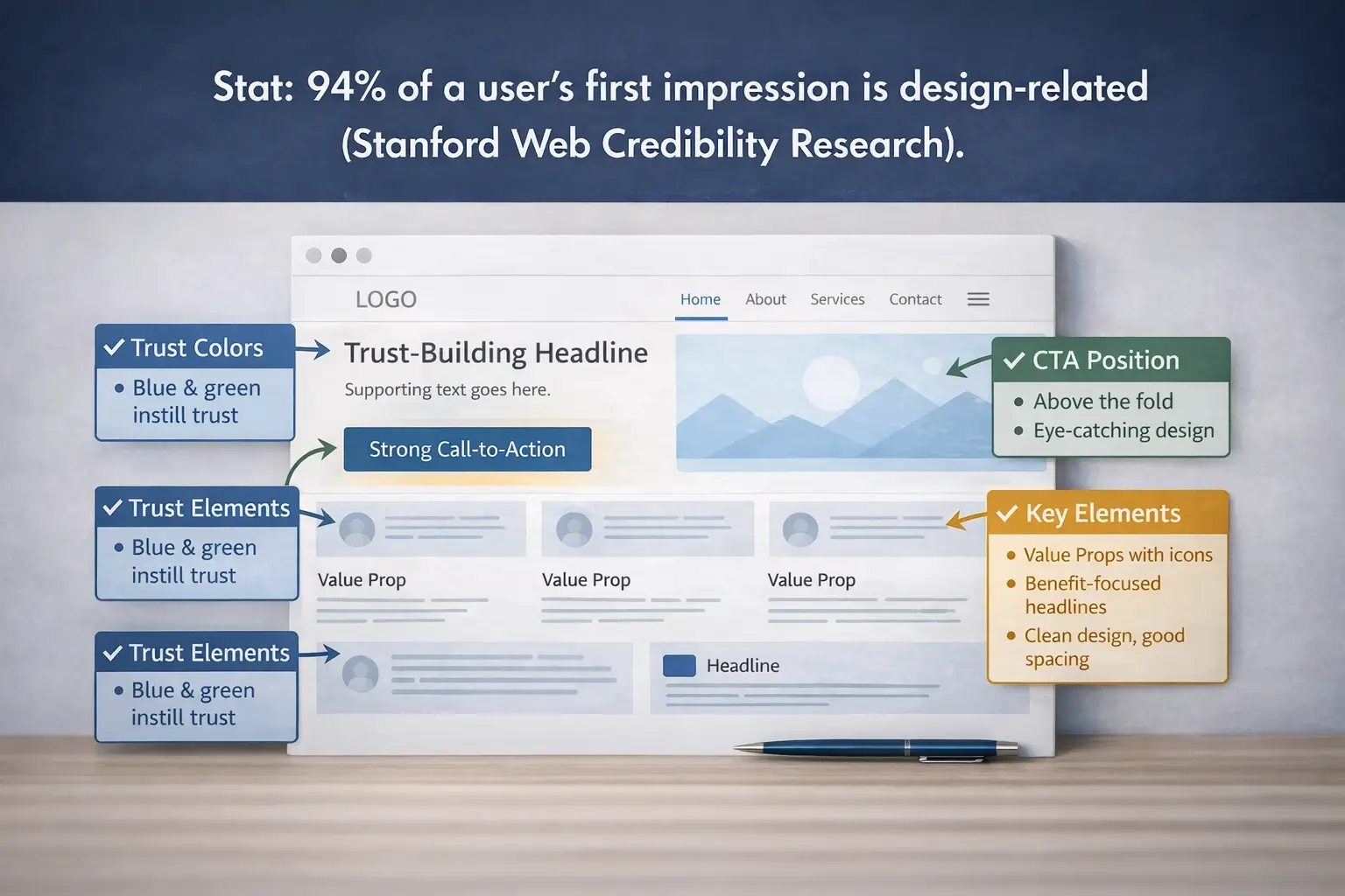 Website design mockup highlighting trust elements, CTA placement, and statistic about 94% of first impressions being design-related.