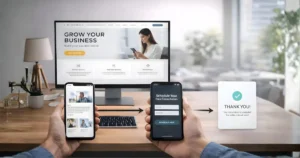 User booking a free consultation on a business website using a mobile phone.