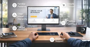 Person using a business website with highlighted UX design elements like visual hierarchy and positive feedback.