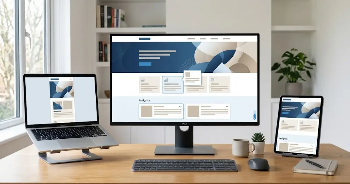 A modern desk setup with a large central monitor, a laptop on a stand, and a tablet, all displaying the same website design interface.