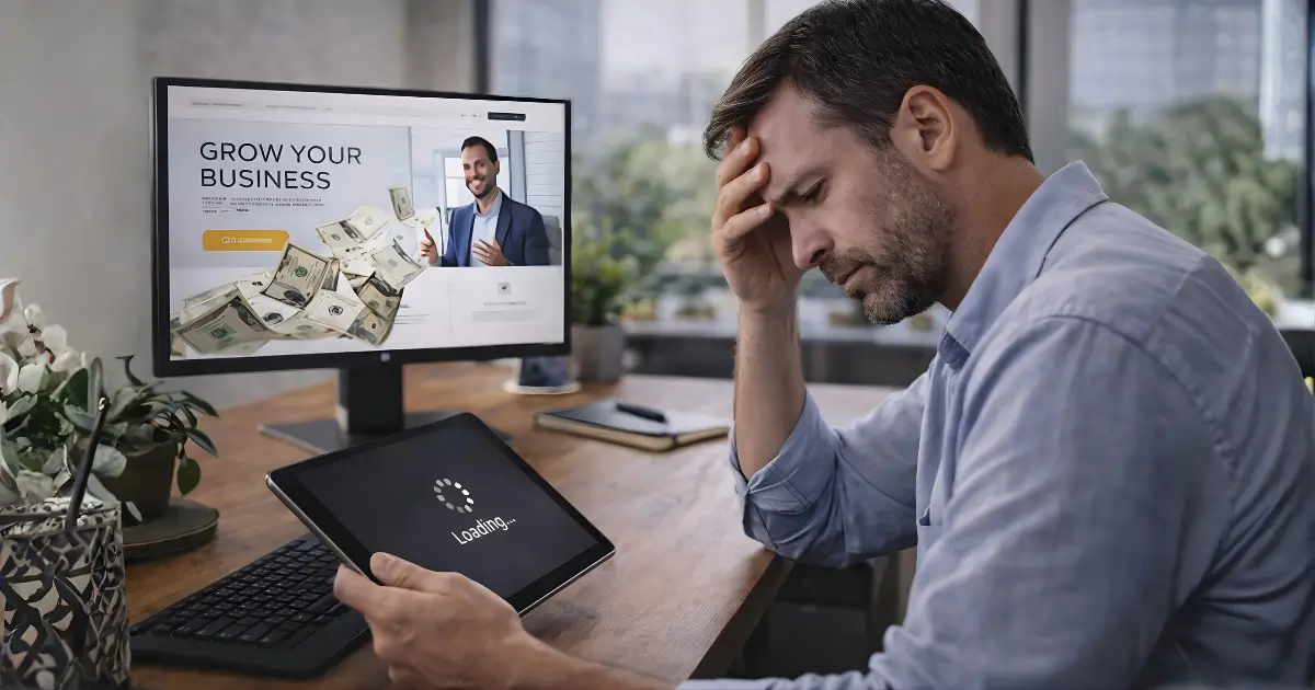 Man looks frustrated while a website loads on his tablet, with the same site open normally on his desktop monitor.