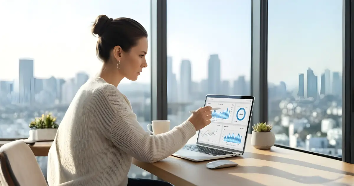 A woman working on a laptop with data charts on the screen in a high-rise office overlooking a city skyline.