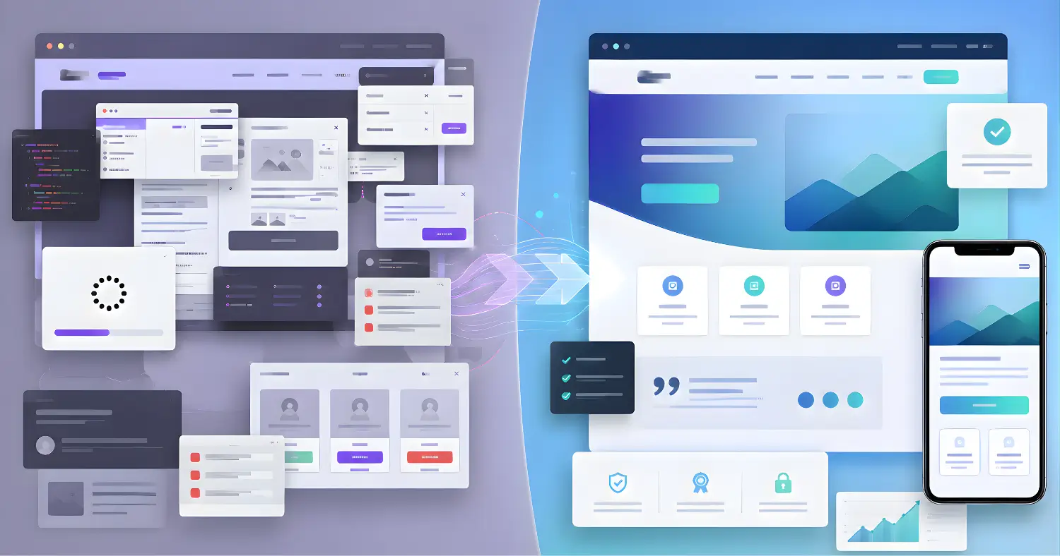 Split-screen website audit illustration showing a cluttered, confusing website interface transforming into a clean, modern, conversion-focused user experience with organized navigation, clear calls-to-action, mobile responsiveness, and trust elements.