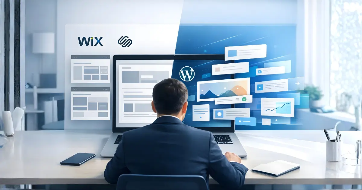 WordPress vs Wix vs Squarespace for business comparison on a laptop screen