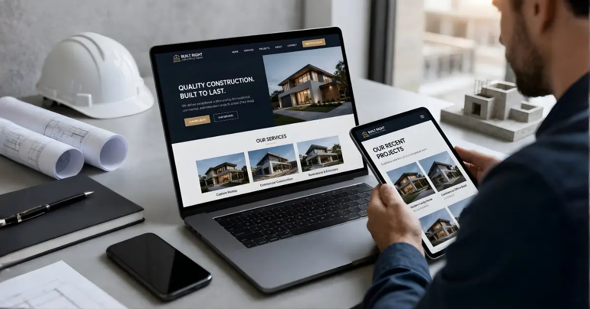 construction company website design on laptop with project manager reviewing site