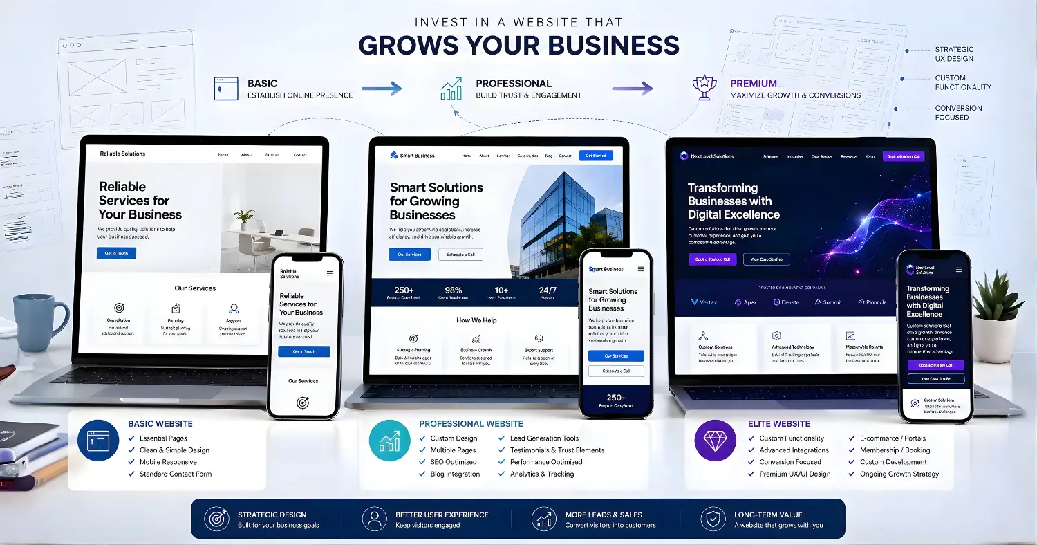 Website package comparison showing basic, professional, and premium business websites on laptops and smartphones, illustrating increasing levels of design quality, functionality, and business value.
