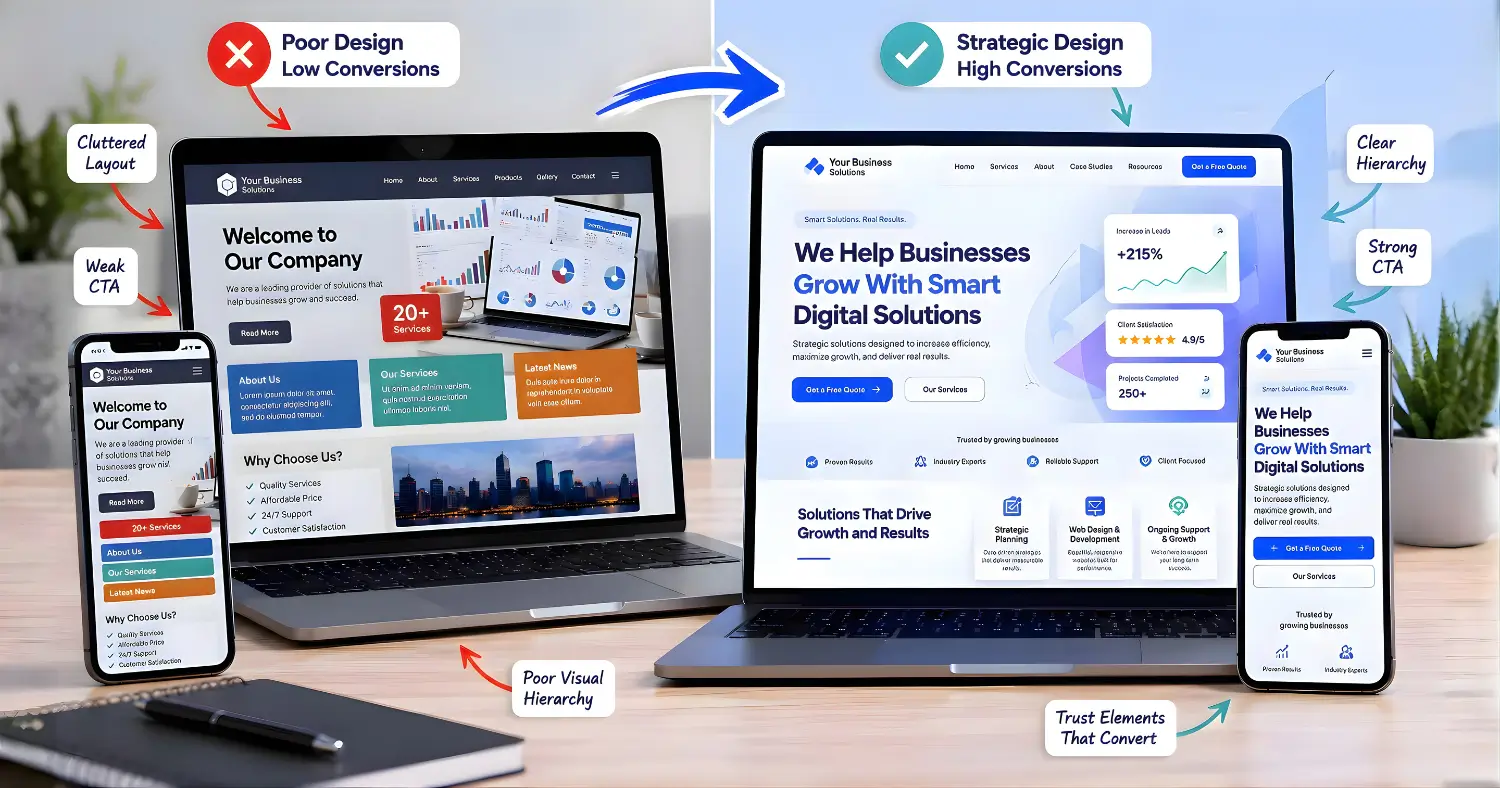 Before-and-after comparison of a business website redesign shown on laptops and smartphones, highlighting a cluttered low-converting website versus a clean conversion-focused website with improved layout, navigation, trust elements, and calls-to-action.