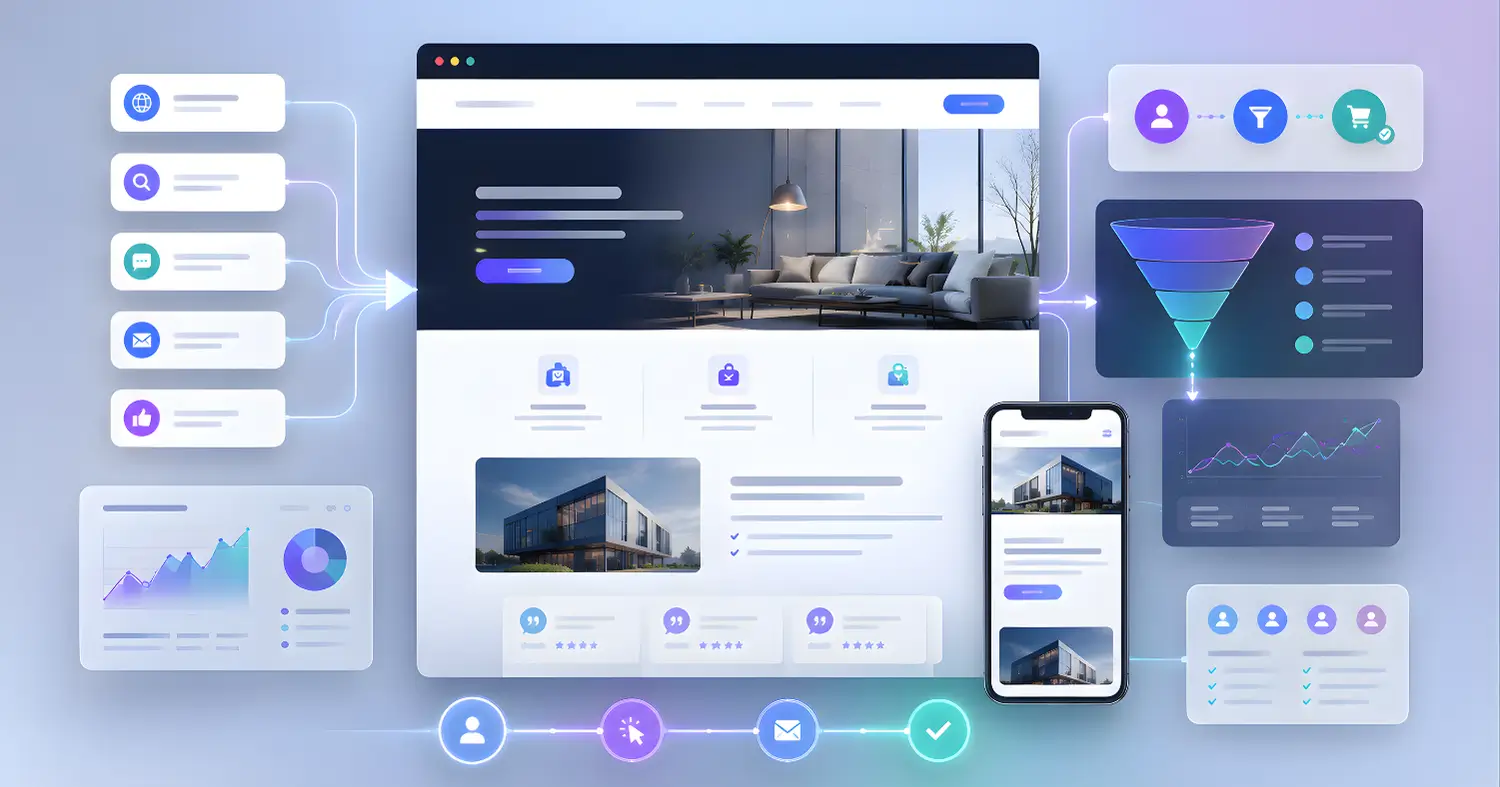 Modern business website interface with conversion-focused design, customer journey pathways, analytics dashboards, and lead generation elements illustrating how website design helps turn visitors into customers.