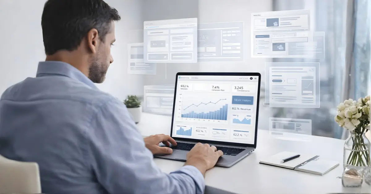 Business owner viewing a website analytics dashboard on a laptop with UI wireframes floating in the background.