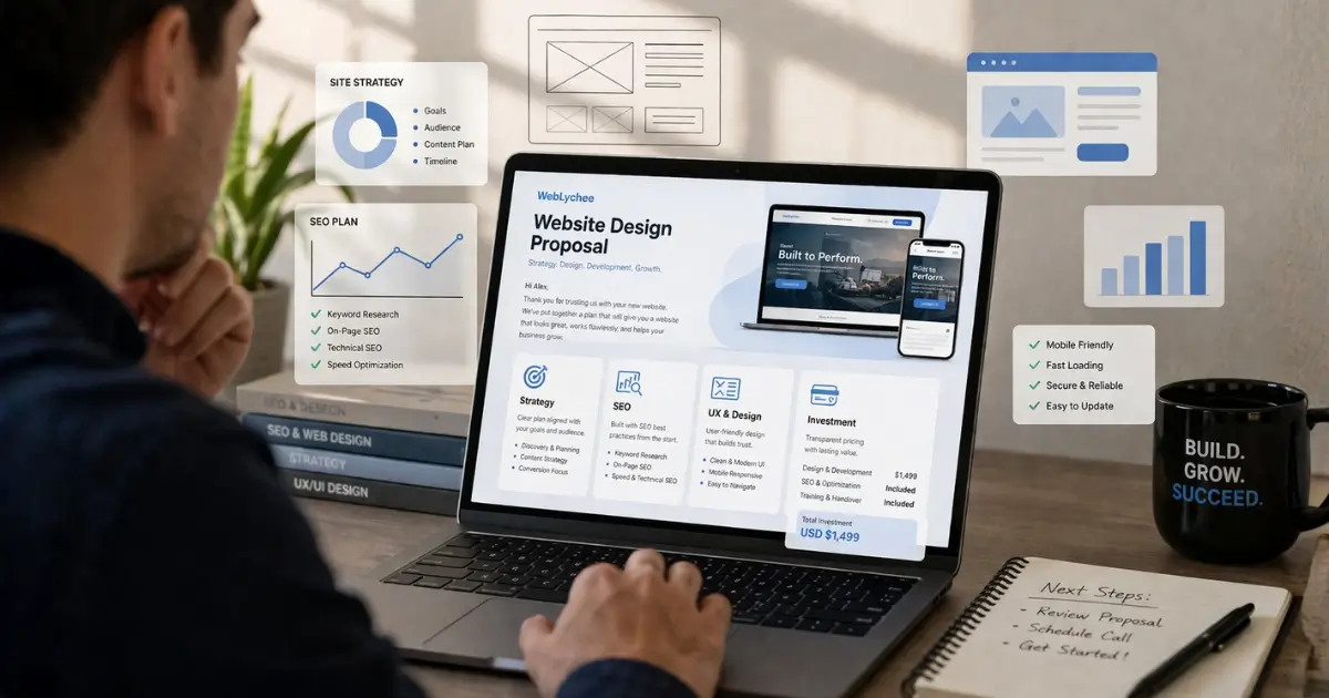 Business owner reviewing a website design proposal on a laptop with charts and UI elements in a clean workspace.
