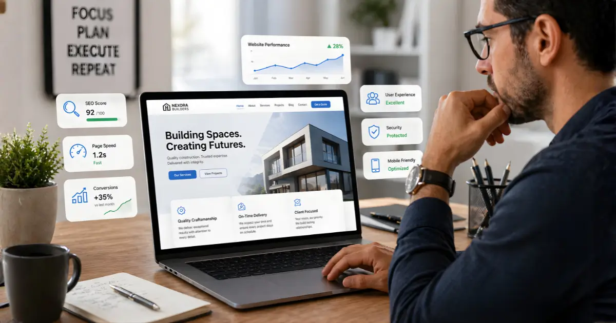 Business owner reviewing website performance on a laptop with analytics and UI icons in a clean workspace.