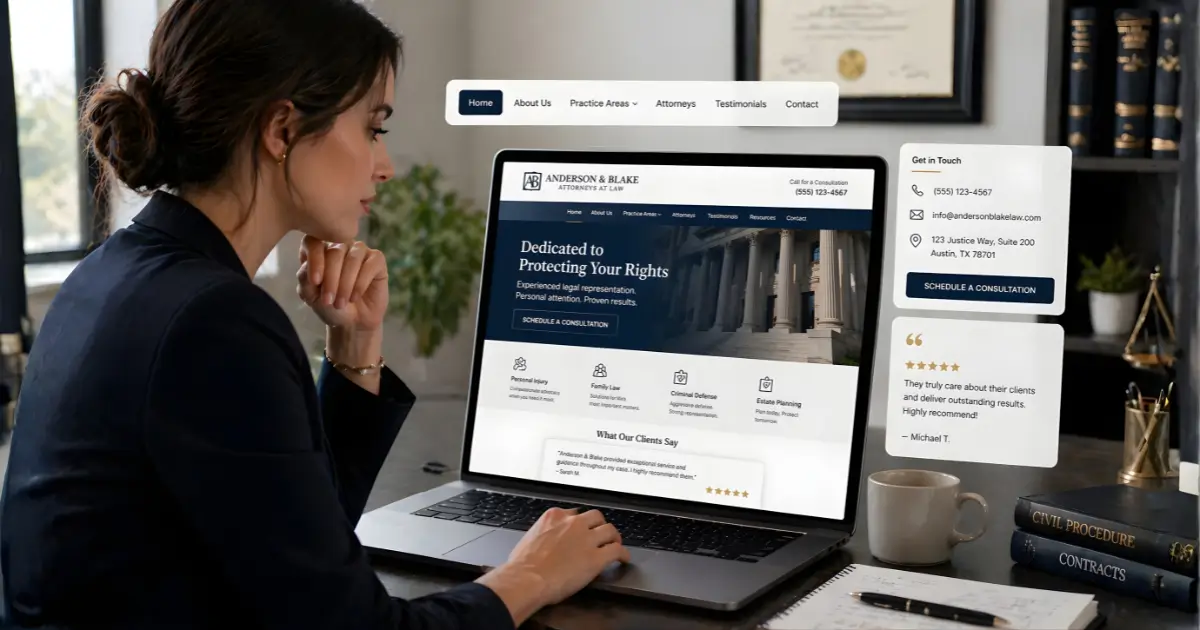 Woman lawyer reviewing a law firm website on a laptop with testimonials and contact details in a modern office.