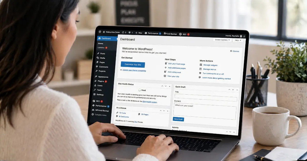 Woman working on a WordPress dashboard on a laptop in a clean, modern workspace.