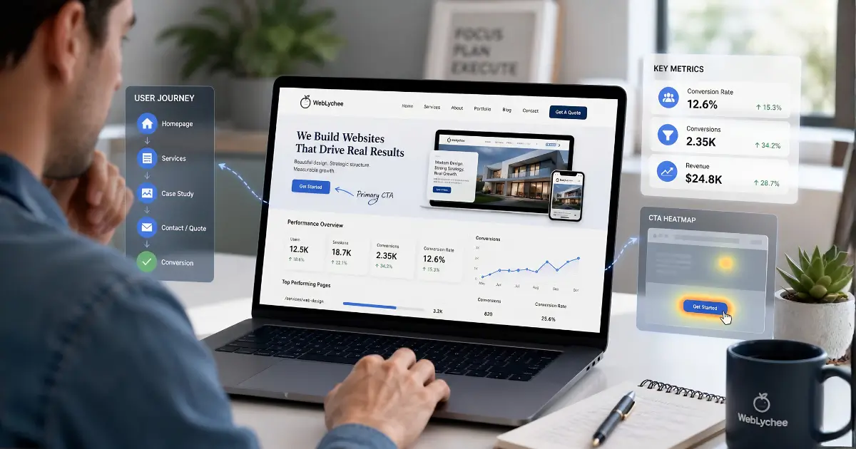 Business owner analyzing website performance with analytics and conversion data on a laptop.