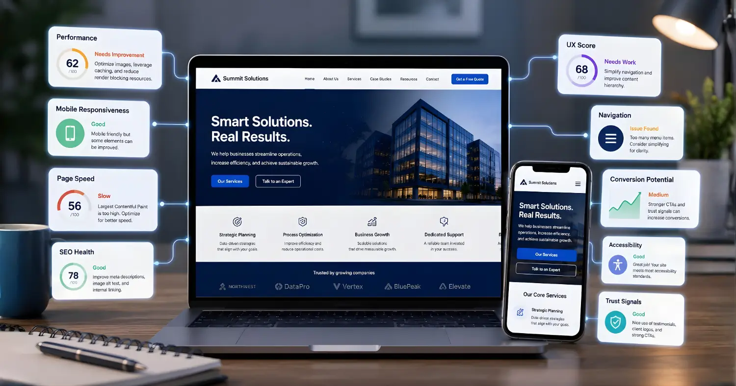 Website audit dashboard showing a business website on a laptop with mobile view on a smartphone, surrounded by performance, UX, SEO, accessibility, and conversion optimization review cards.