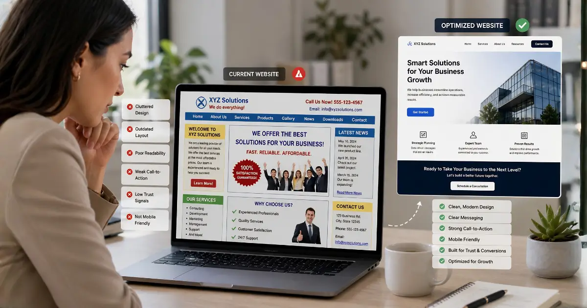 Business owner comparing a messy website with an improved, clean design on a laptop.