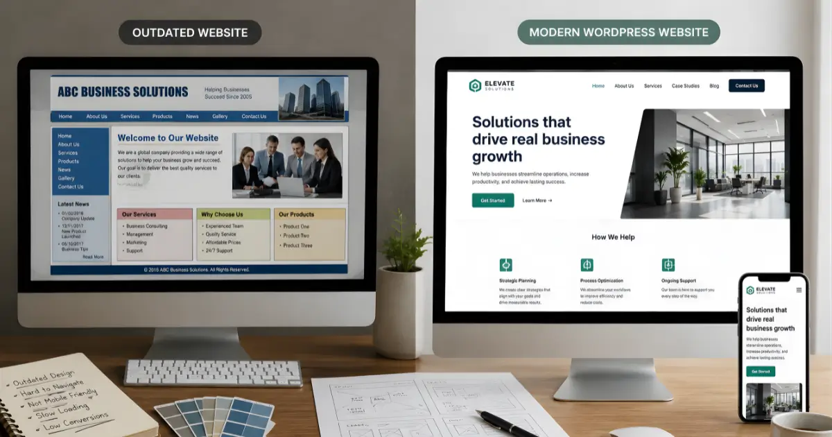 Outdated website compared with a modern WordPress website redesign.