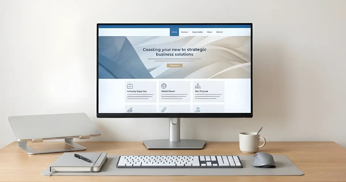 Modern desktop workspace displaying a clean business website homepage on a widescreen monitor with keyboard, mouse, notebook, and coffee mug.