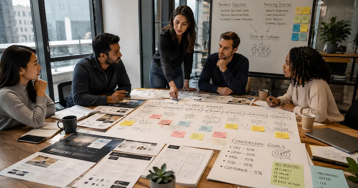 Business team collaborating around a table with customer journey maps, website wireframes, and marketing plans during a strategic planning workshop.