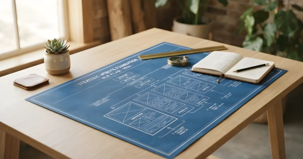 A blue website planning blueprint on a wooden desk with a notebook, pen, and succulent, representing professional WordPress web design for business.