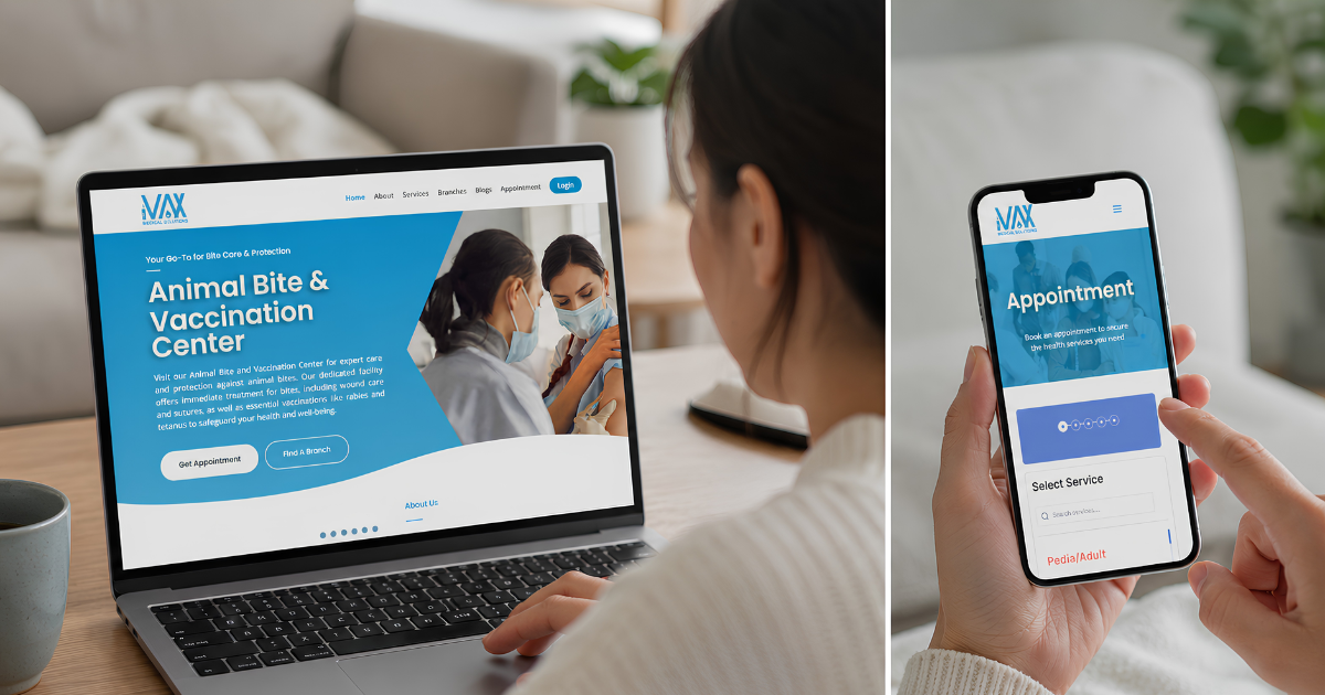 Person browsing a healthcare website on a laptop while viewing the mobile appointment page on a smartphone.