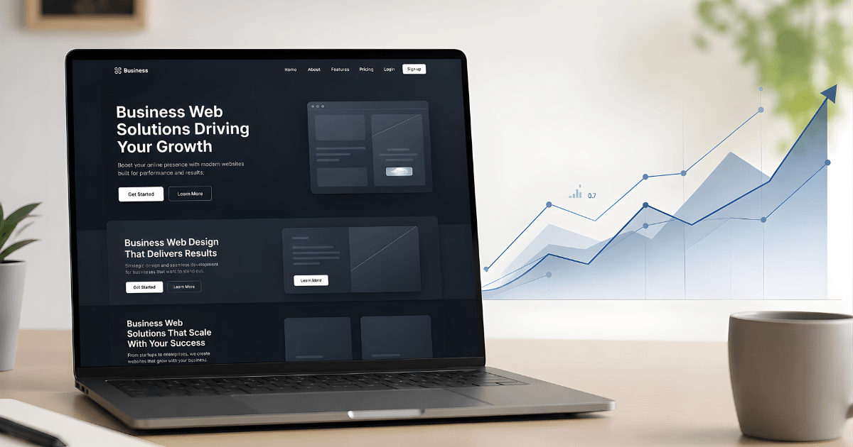 Modern business website design displayed beside an upward growth chart, representing web design, digital marketing, and business growth.