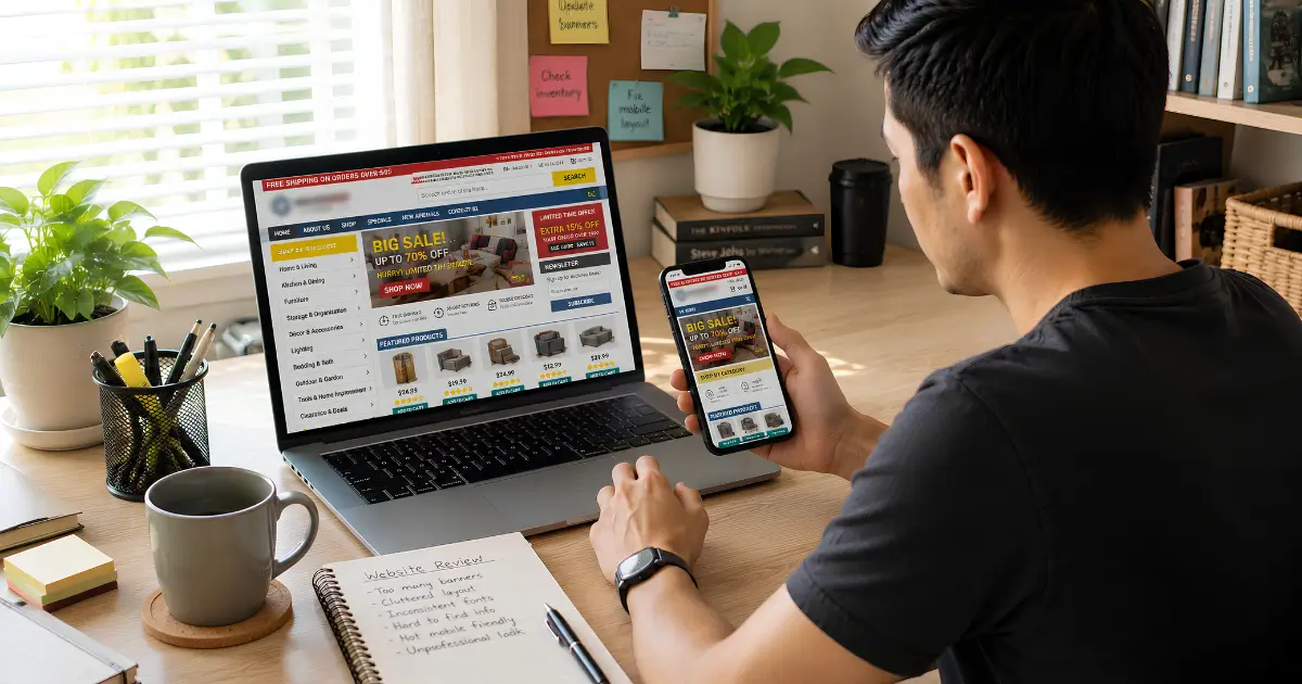Man reviewing a cluttered online shop on a laptop and smartphone in a home office.
