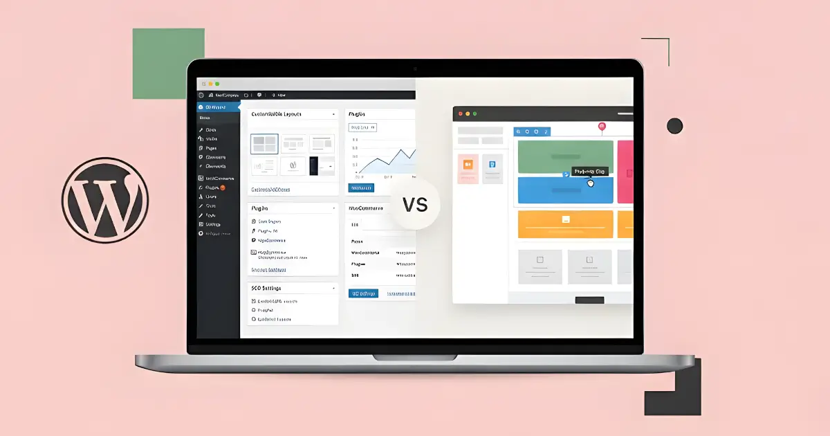 A laptop is centered on a pink background. The screen is split, showing a WordPress dashboard on the left and a drag-and-drop website builder on the right, with a "VS" button between them. The WordPress logo is to the left of the laptop. Minimalist geometric shapes are scattered around.