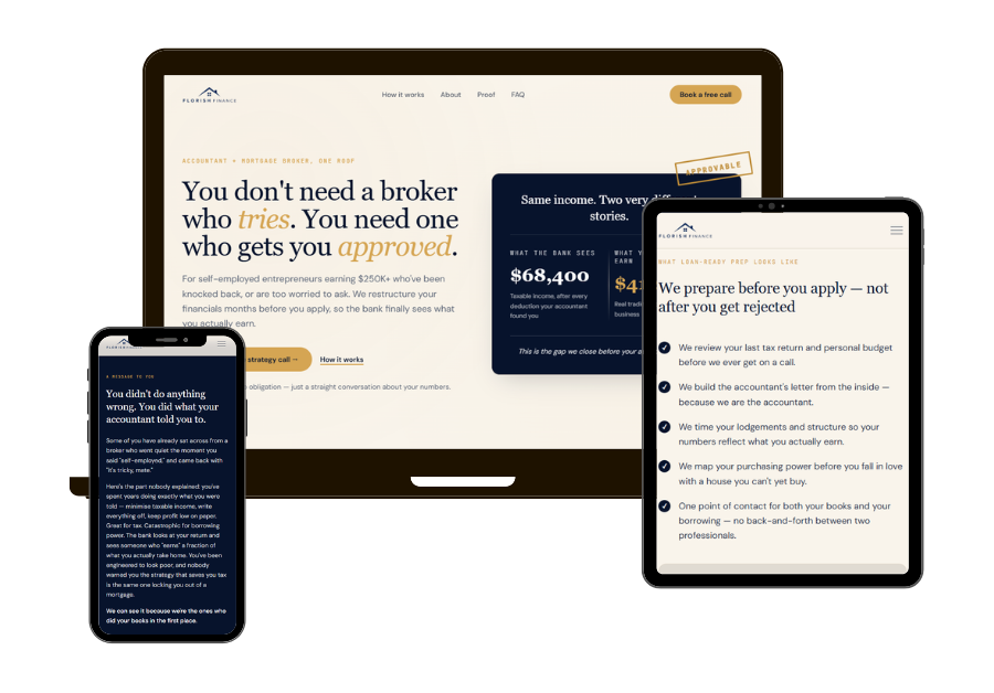 Responsive mortgage finance website displayed across desktop, tablet, and mobile devices.